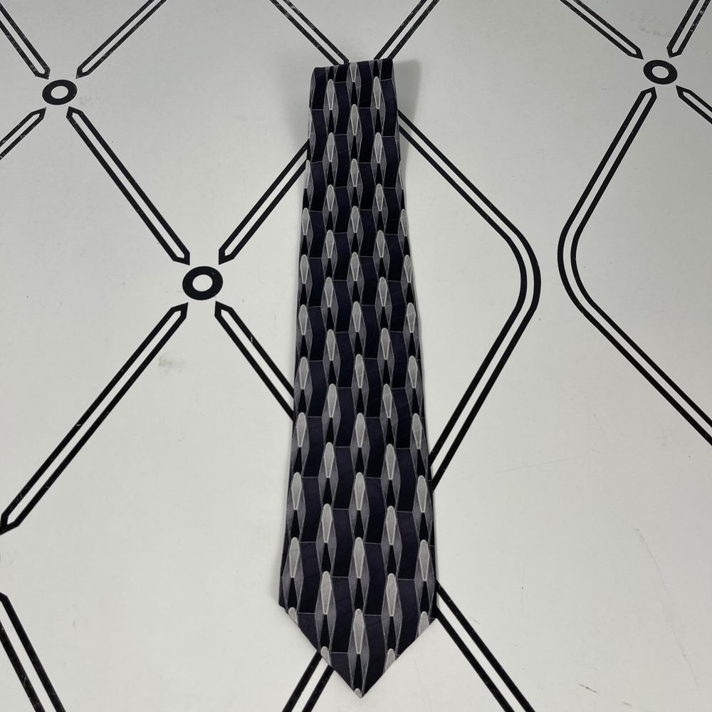 Puritan Mens 100% Silk Geometric Pattern‎ Necktie Black Gray White